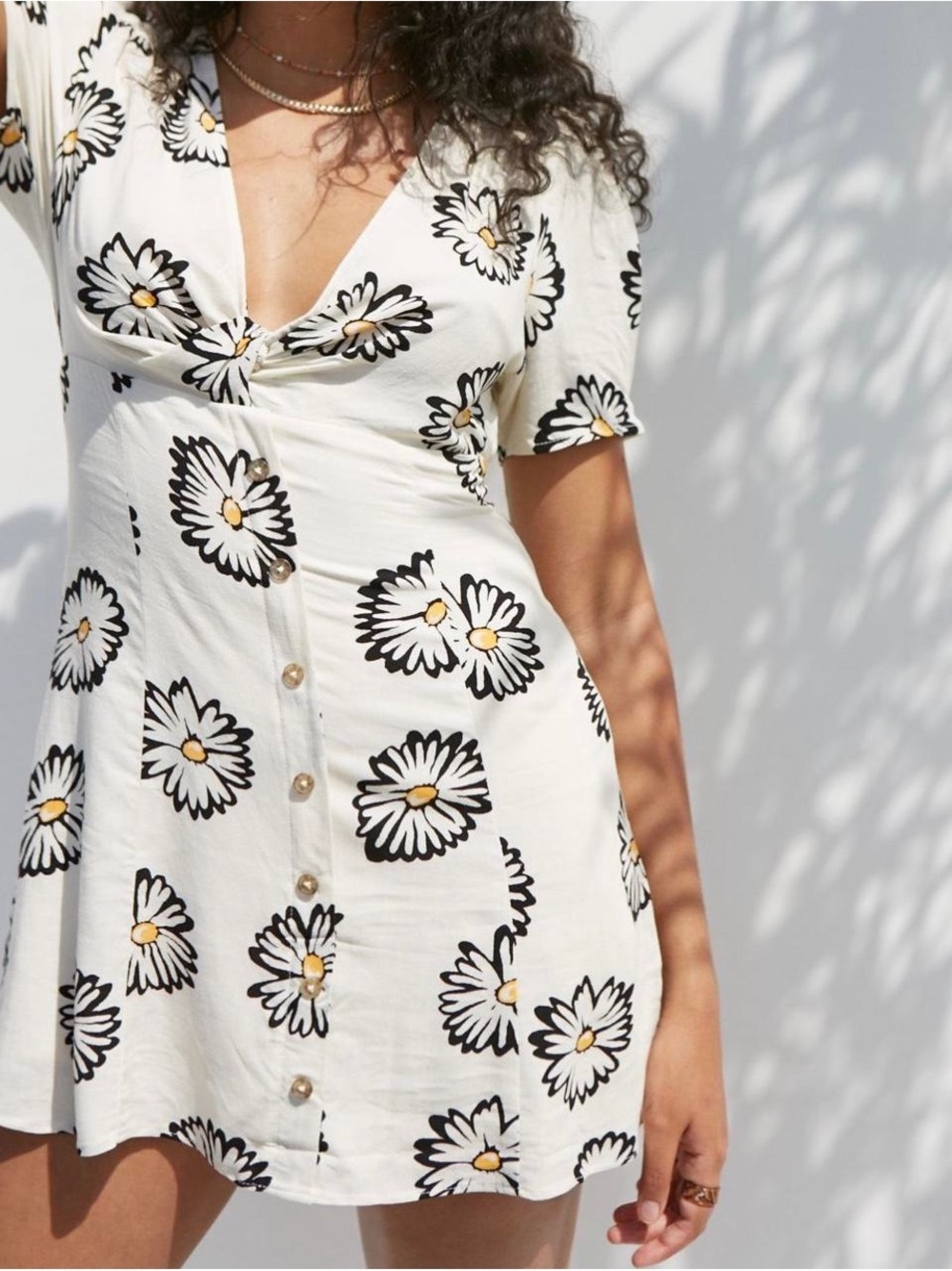 Urban Outfitters White Daisy-Print Mini Dress with Yellow Centers